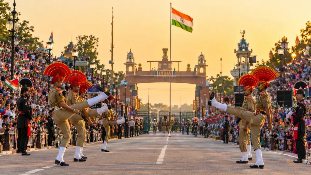 BSF soldiers performing the Wagah border ceremony at Attari near Amritsar