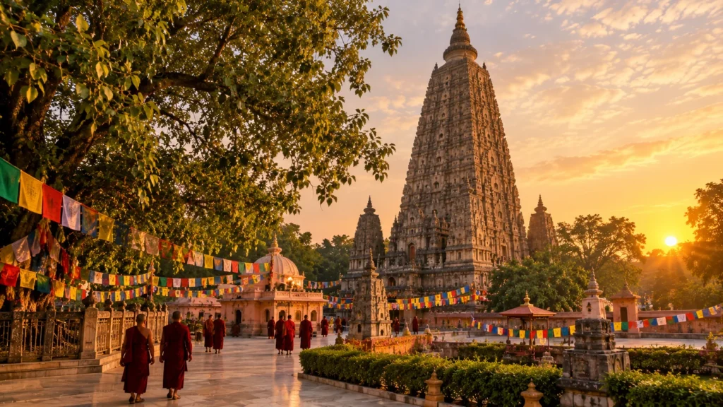 Buddhist Circuit Tour — 9 Days: Varanasi, Sarnath, Bodh Gaya, Nalanda, Kushinagar and Lumbini: The Mahabodhi Temple in Bodh Gaya at golden hour with Buddhist monks in maroon robes and prayer flags