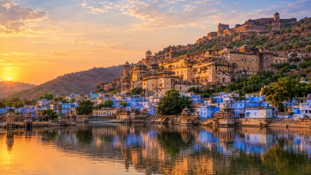 Hidden Rajasthan — 10 Days of Bundi, Chittorgarh and Kumbhalgarh: Bundi Garh Palace and Taragarh Fort above the blue houses and Nawal Sagar lake at sunset, Bundi, Rajasthan