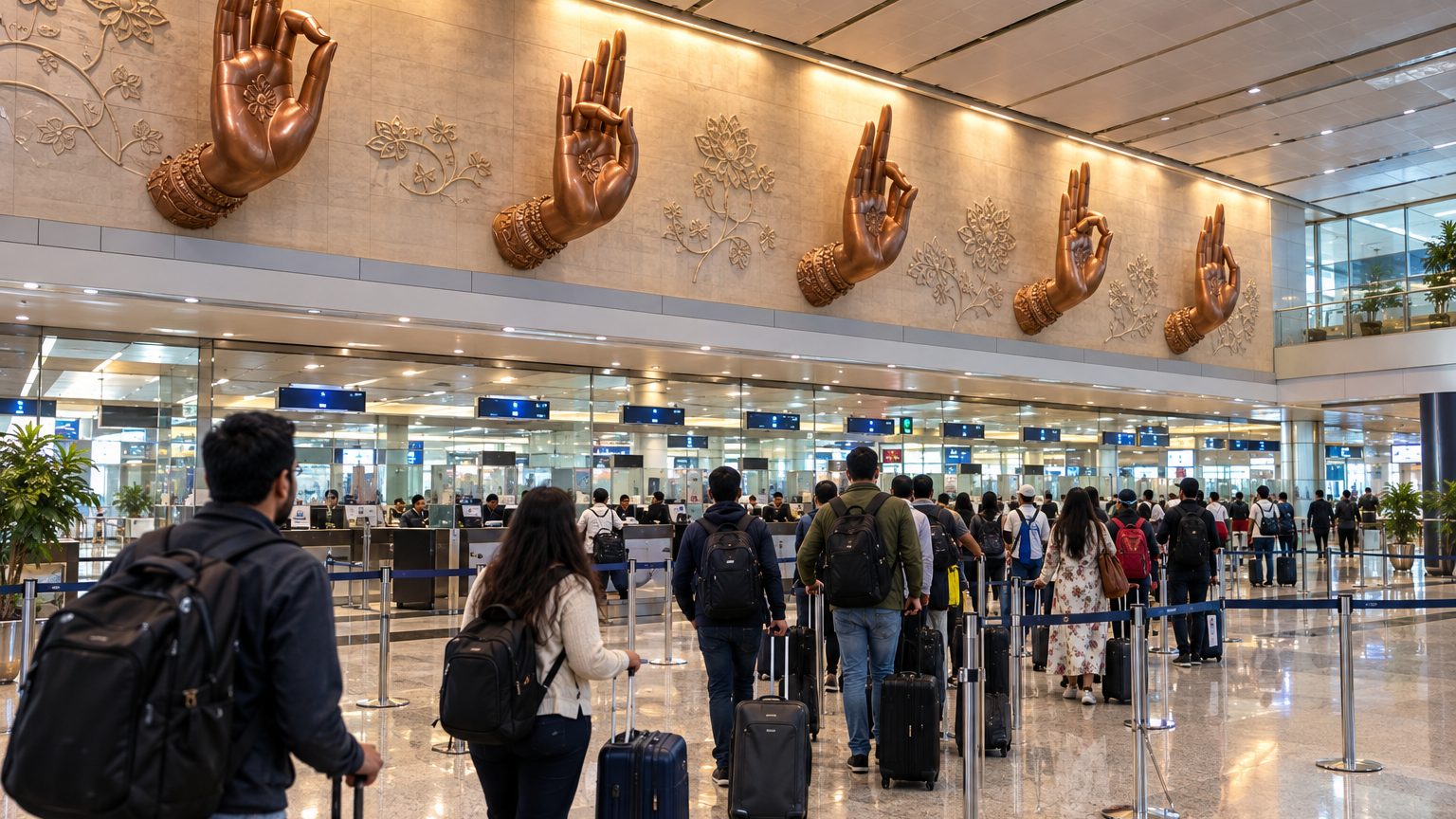 Travellers queuing at immigration in a Delhi airport arrivals hall with an India e-Visa