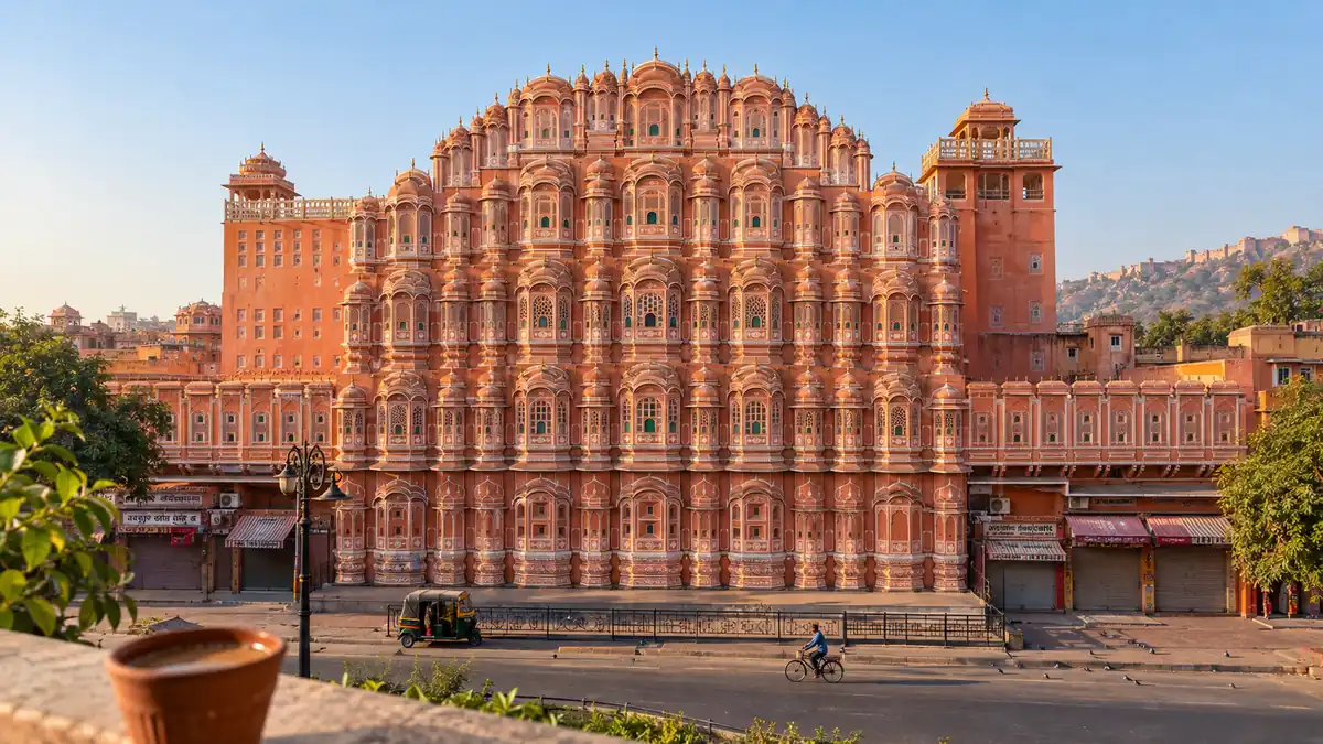 Hawa Mahal Jaipur – Morning View from a Rooftop Café Hawa Mahal in Jaipur in early morning light seen from a rooftop café across the street