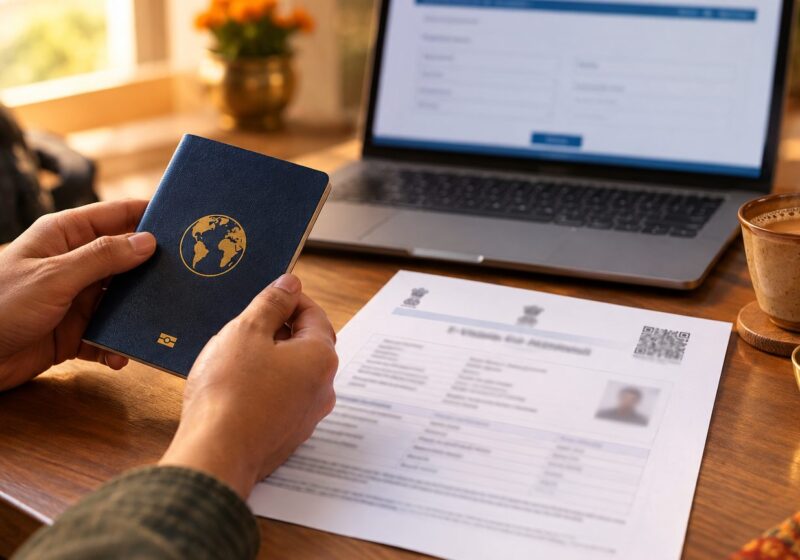 Traveller holding a passport and printed India e-Visa approval before a trip