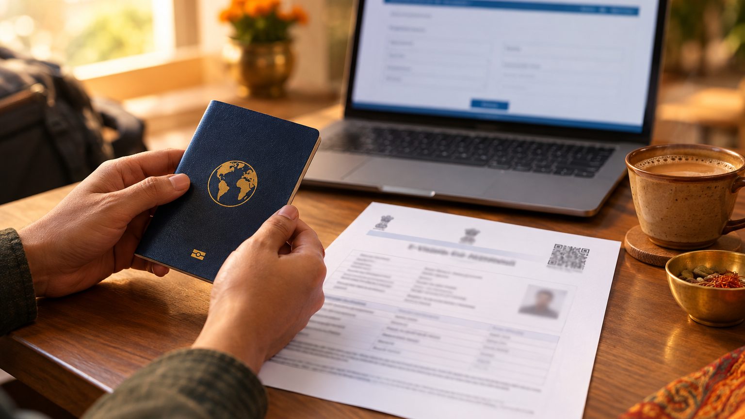Traveller holding a passport and printed India e-Visa approval before a trip