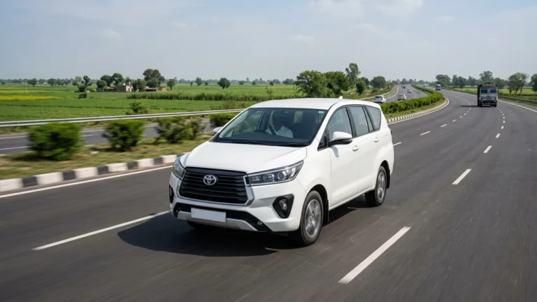 Car with driver in India on the expressway between Delhi and Agra