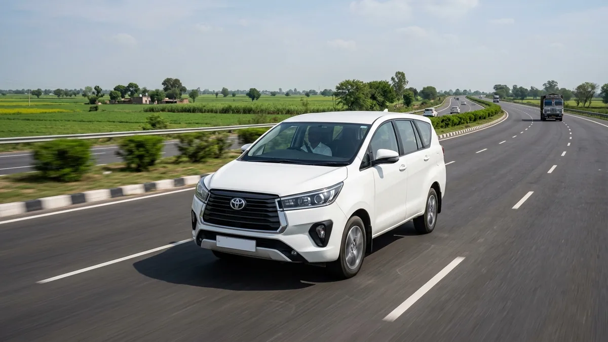 Is India safe for tourists: private car with driver on an Indian expressway in daylight