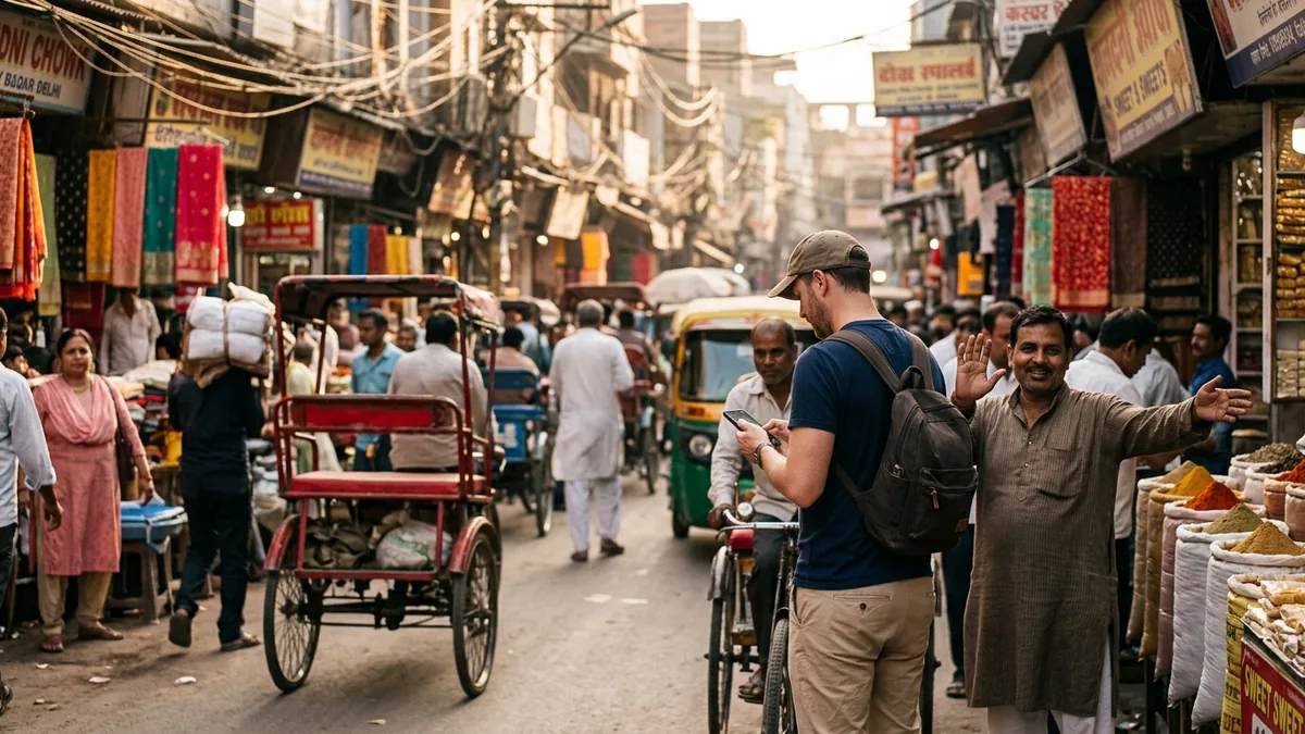 Traveller politely declining a tout in a busy Delhi market