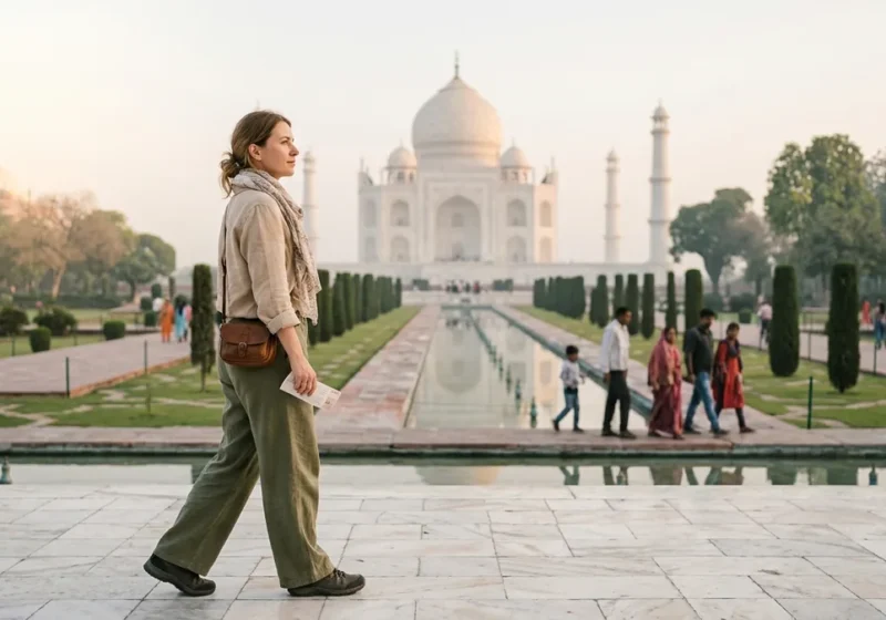 Is India safe for tourists: solo female traveller walking safely at the Taj Mahal in the morning