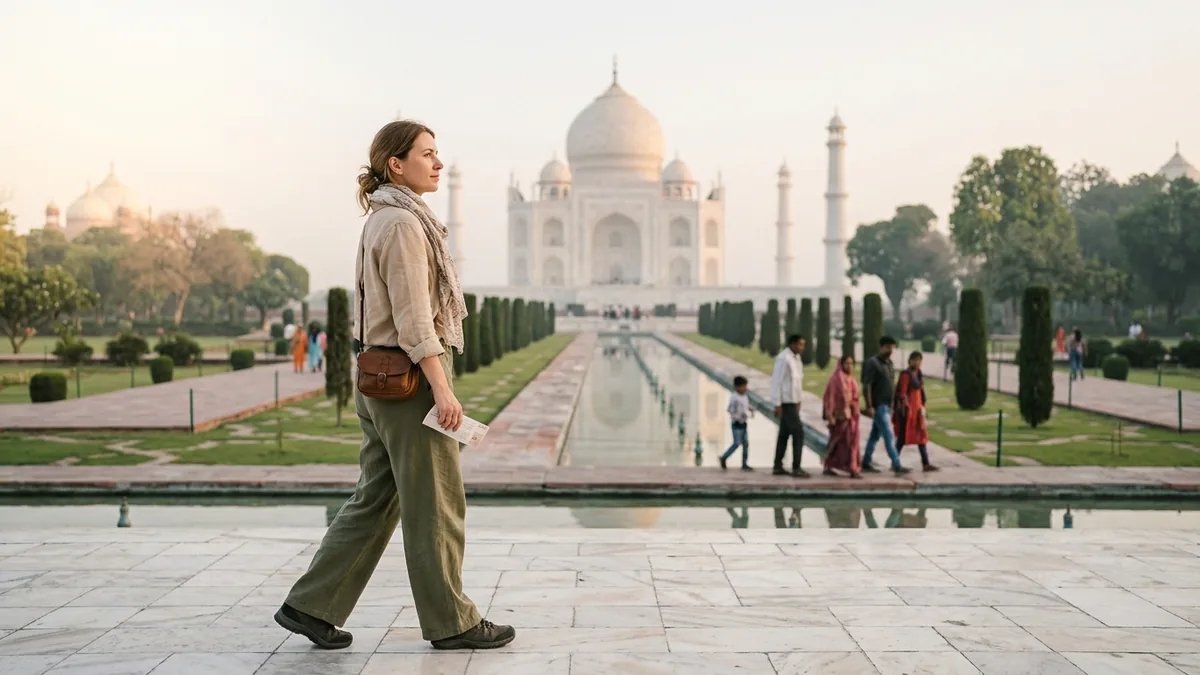 Is India safe for tourists: solo female traveller walking safely at the Taj Mahal in the morning