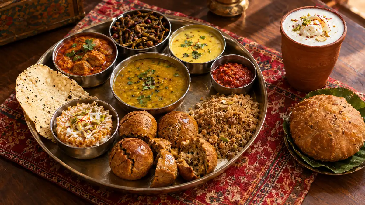Jaipur Food – Rajasthani Thali with Dal Baati Churma Rajasthani thali with dal baati churma, gatte ki sabzi, ker sangri, lassi and pyaaz kachori in Jaipur