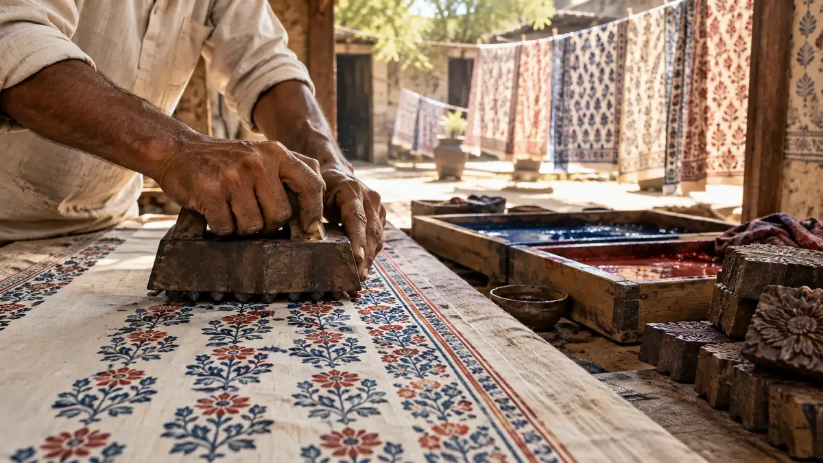 Jaipur Shopping – Hand Block Printing in Bagru Artisan hand block printing indigo and red floral patterns on cotton in a workshop near Jaipur