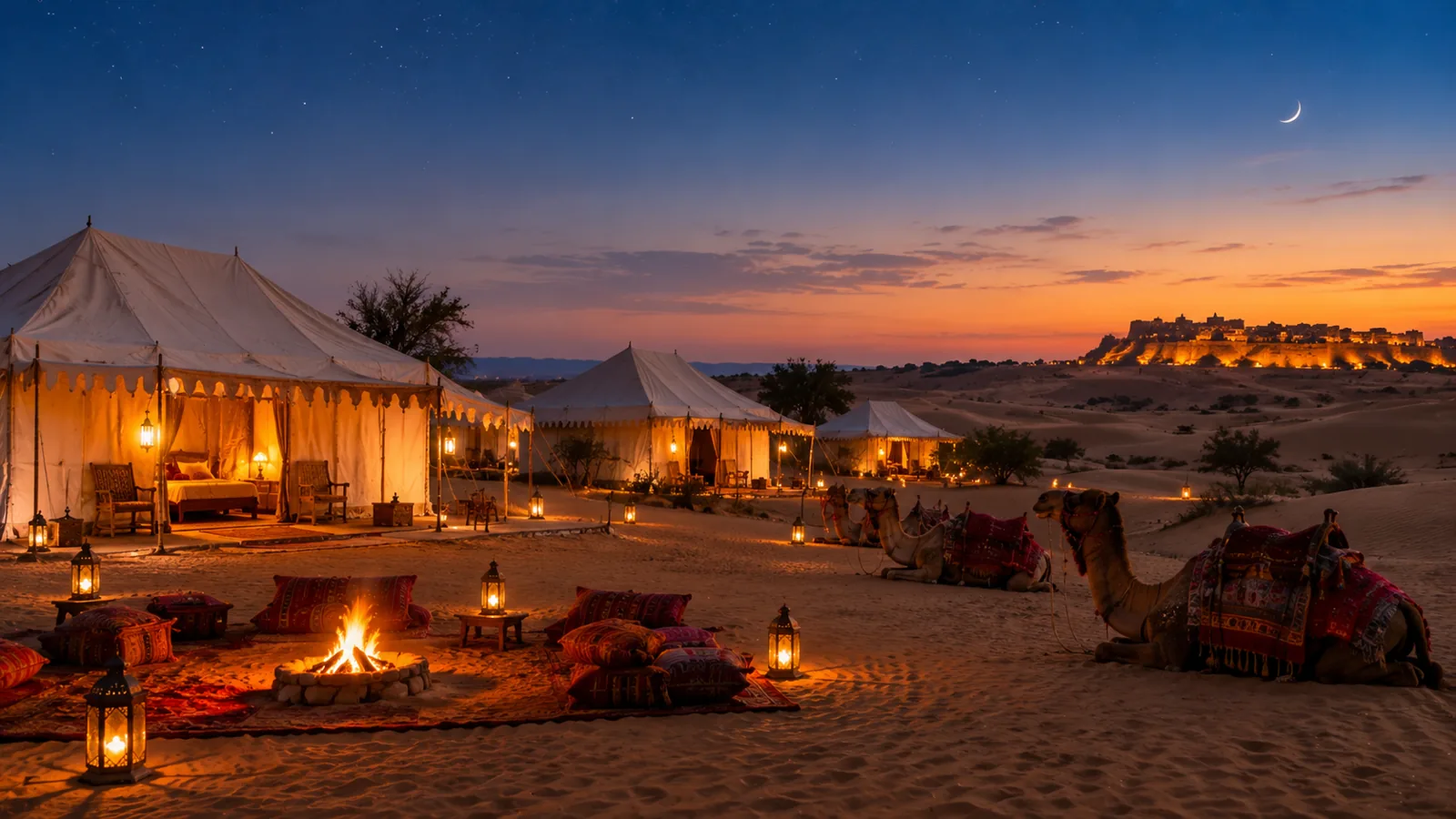 Jaisalmer Desert Camp at Night in Winter Desert camp in the Thar dunes near Jaisalmer at night, lit by lanterns under a clear winter sky