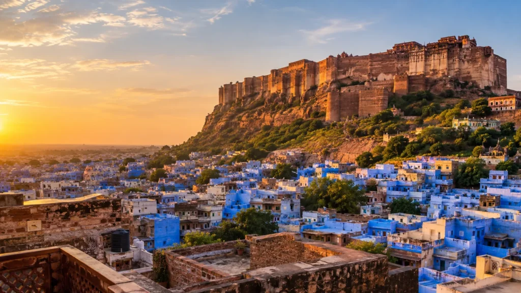 Golden Triangle with Jodhpur and Udaipur — 11 Days: Mehrangarh Fort on its cliff above the blue houses of Jodhpur old city at golden hour, Rajasthan