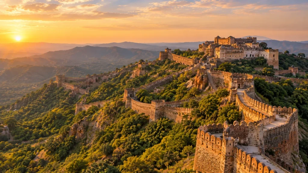 Southern Rajasthan from Udaipur — 5 Days: Kumbhalgarh, Ranakpur and Mount Abu: The walls of Kumbhalgarh Fort winding over the green Aravalli hills at sunset, Rajasthan