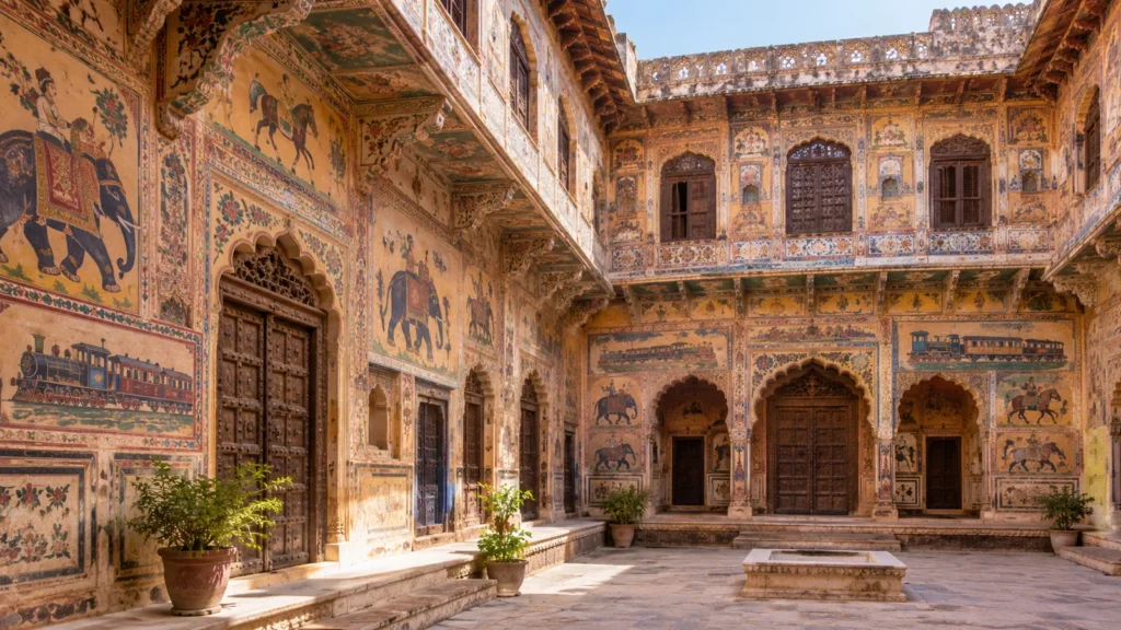 Rajasthan Tour 7 Days — Shekhawati, Bikaner, Pushkar and Jaipur: Painted haveli courtyard in Mandawa with frescoes of elephants and trains, Shekhawati, Rajasthan