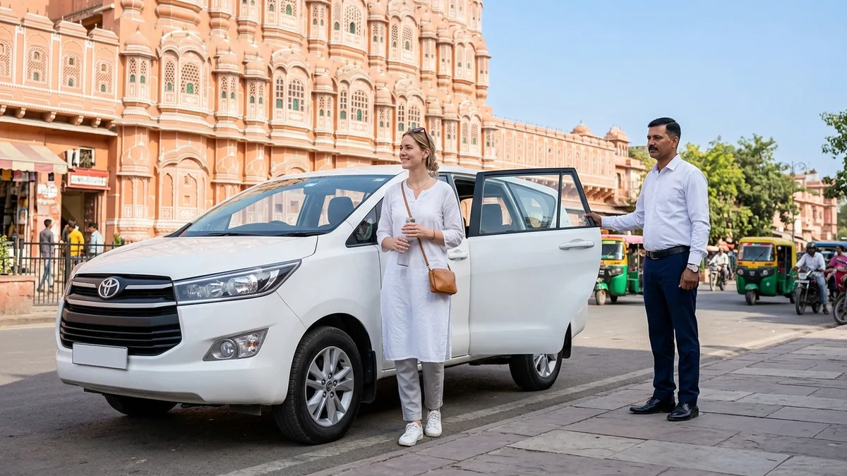 Solo female traveller with her professional private driver in Jaipur