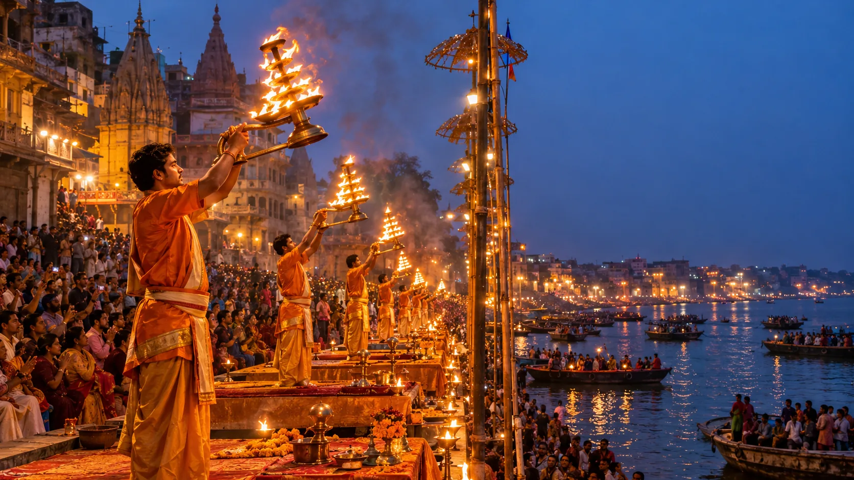 Ganga Aarti at Dashashwamedh Ghat, Varanasi Evening Ganga Aarti ceremony with fire lamps at Dashashwamedh Ghat in Varanasi