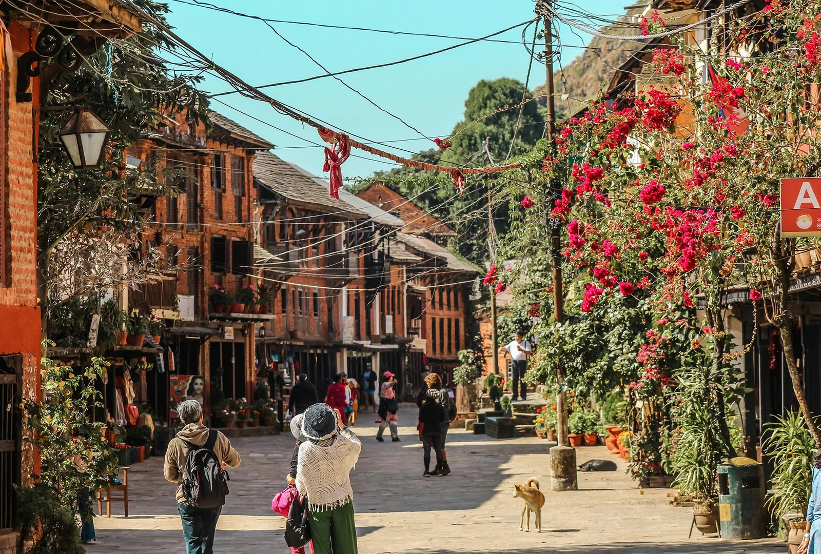 The pedestrian Newari bazaar street in Bandipur, Nepal, lined with traditional brick and timber houses