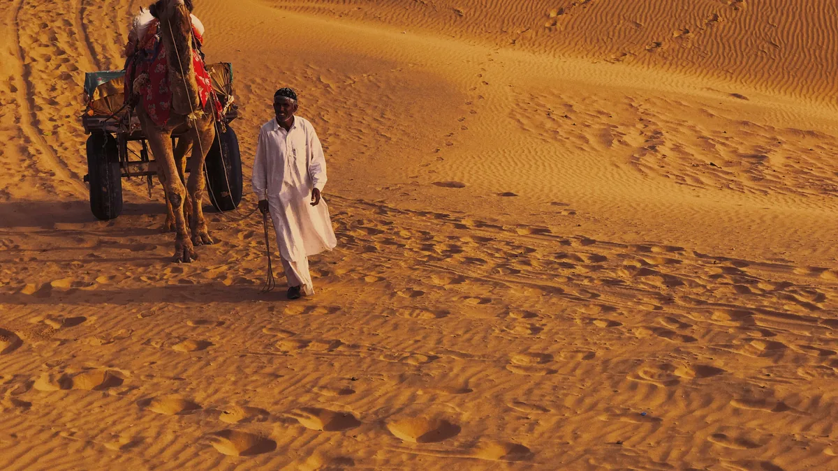 A camel cart crossing the Thar Desert in north-west Rajasthan