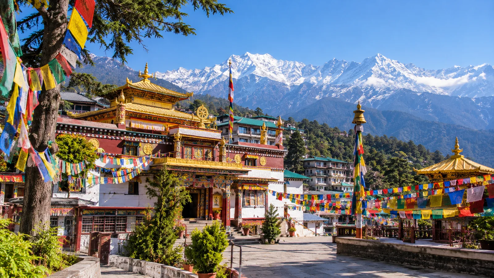 Tsuglagkhang temple in McLeod Ganj with prayer flags and the snow-capped Dhauladhar range, Dharamshala