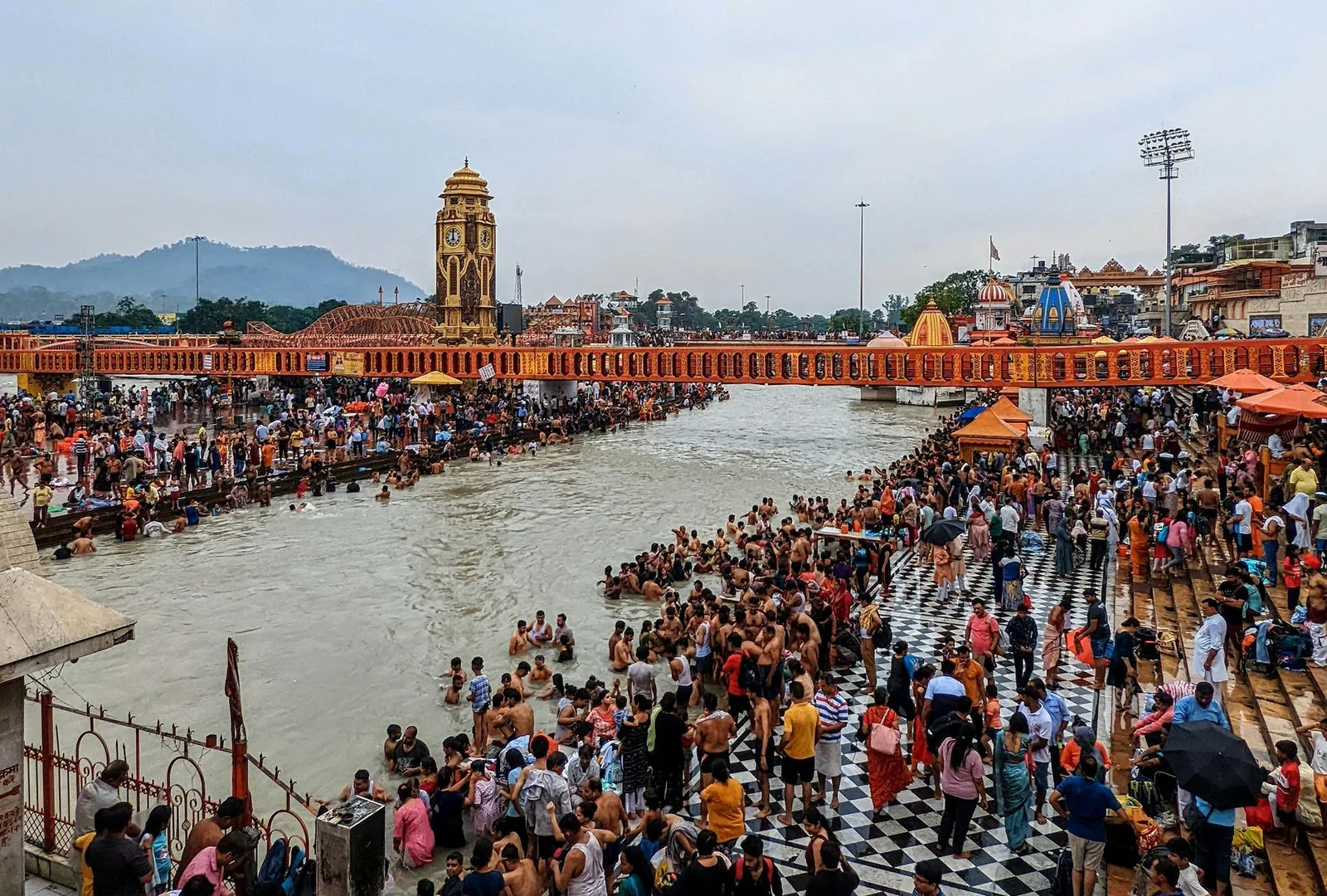 Pilgrims gathered on the ghats at Har Ki Pauri, Haridwar, on the Ganges