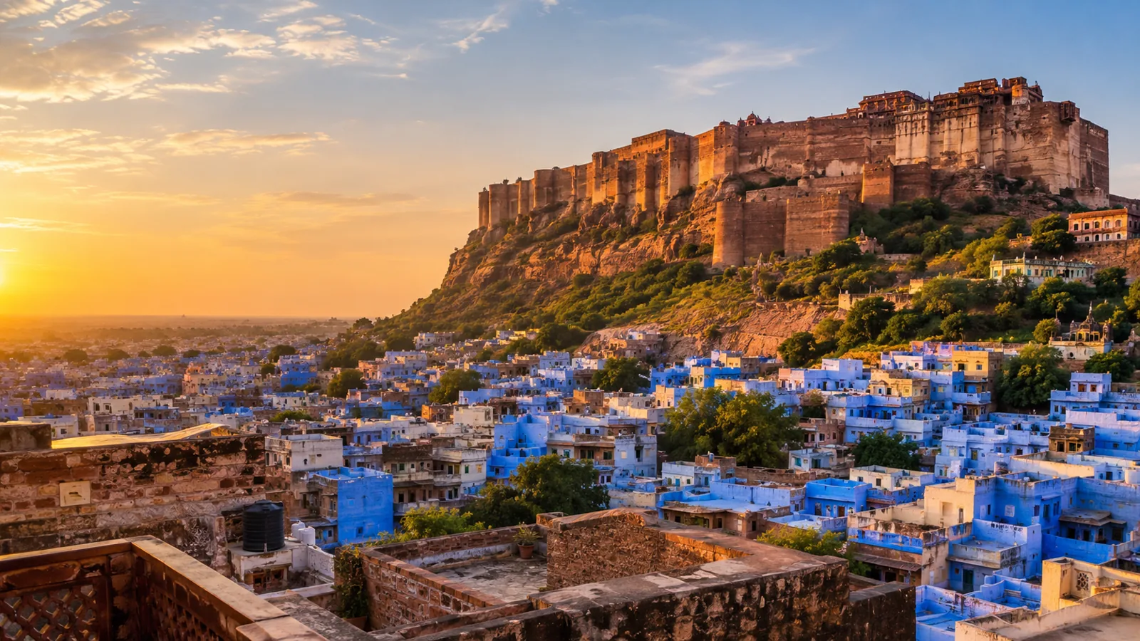 Mehrangarh Fort on its cliff above the blue houses of Jodhpur old city at golden hour, Rajasthan